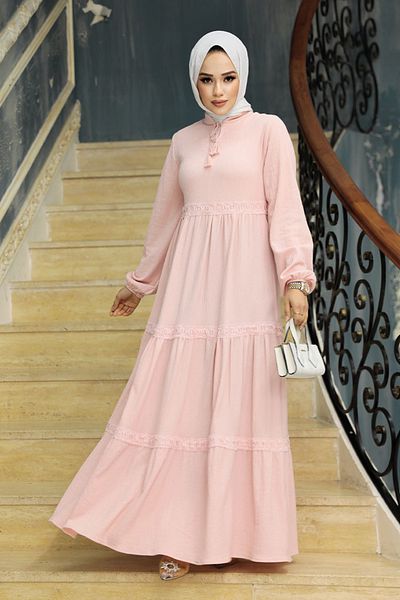 Neva Style Folded Pleated Powder Hijab Dress 5842Pd