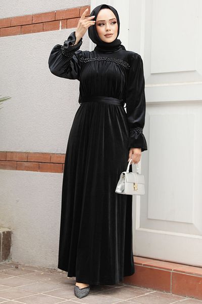 Neva Style - Rochie de catifea islamică neagră cu centură 37291s