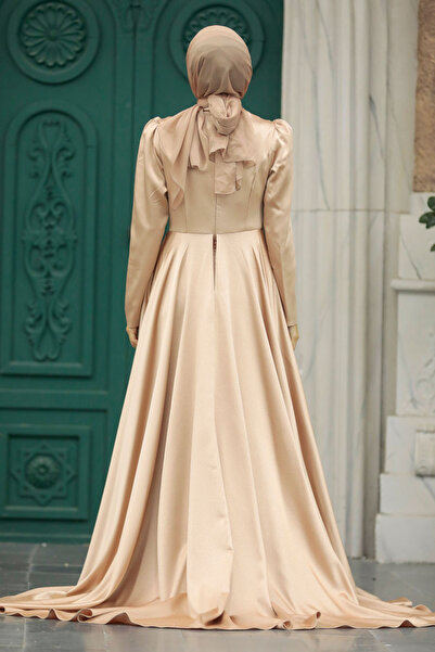 Neva Style Tailed Gold Hijab Satin Evening Dress 23221Gold