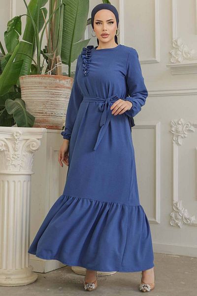 Neva Style Rochie Hijab Albastru Indigo cu centură 659ım