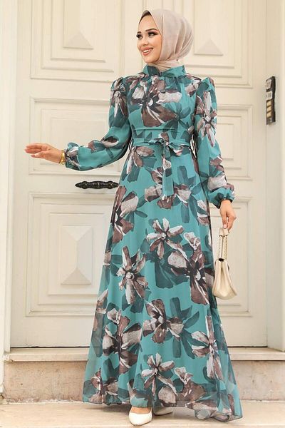 Neva Style Φόρεμα με λουλουδάτο πράσινο χιτζάμπ 279322 cy