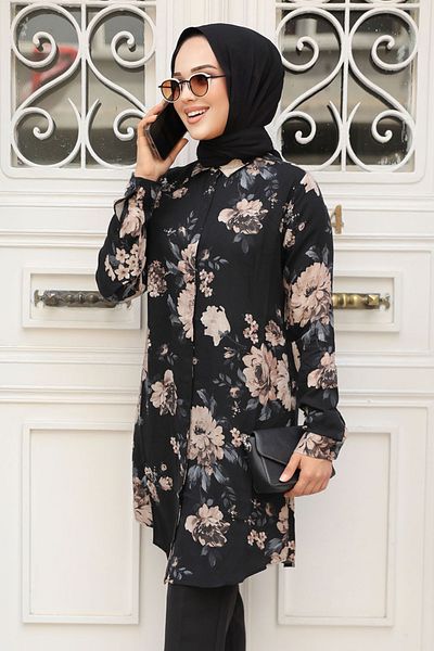 Neva Style - تونيك فيسكوز حجاب أسود منقوش 11550s