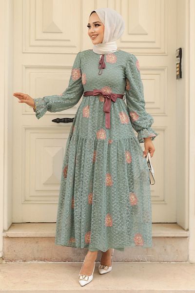 Neva Style Φόρεμα με λουλουδάτο σχέδιο Çağla Green Hijab 1216cy