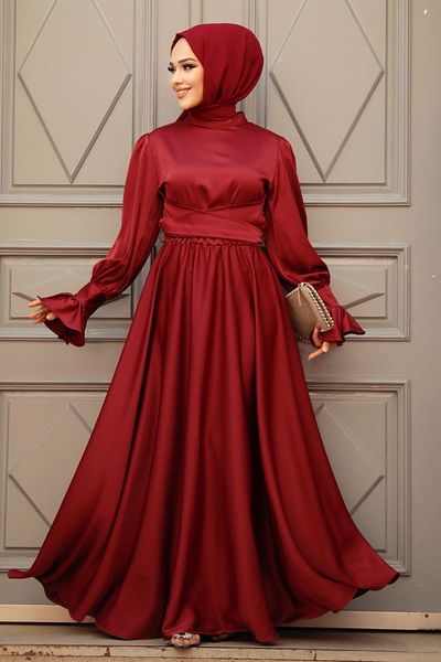 Neva Style Rochie de seara cu hijab - Rochie de seara din satin hijab burgundy 5983br