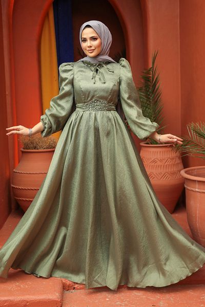 Neva Style Rochie de seară Hijab verde cu mânecă balon 45581cy