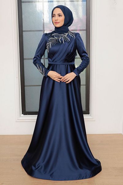 Neva Style Βραδινό φόρεμα με κεντημένο με χάντρες Navy Blue Satin Hijab 22401l