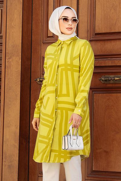 Neva Style تونيك حجاب فيسكوز منقوش باللون الأخضر الزيتي - 11666YY