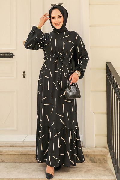 Neva Style فستان حجاب فيسكوز أسود - منقوش، رقم الموديل: 23431S