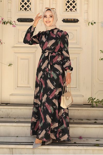 Neva Style Patterned Dusty Rose Hijab Dress 27930Gk