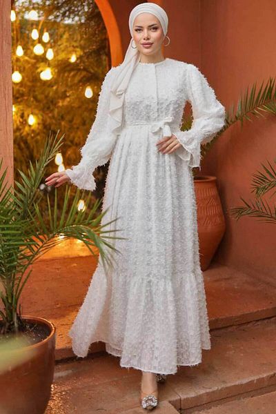 Neva Style Λευκό Φόρεμα Hijab με Μανίκια 14091b