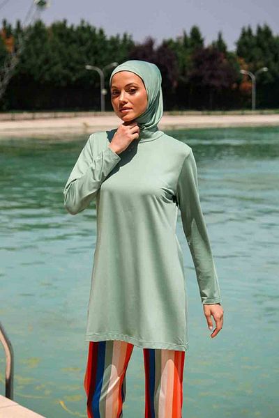 Neva Style Mint Striped Full Covered Hijab Swimsuit M2227MINT