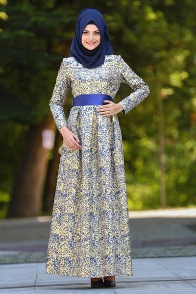 Neva Style Rochie de seară hijab albastru jacquard cu centură 24410sx