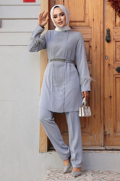 Neva Style طقم حجاب رمادي مزدوج بتفاصيل ريشة 34071gr