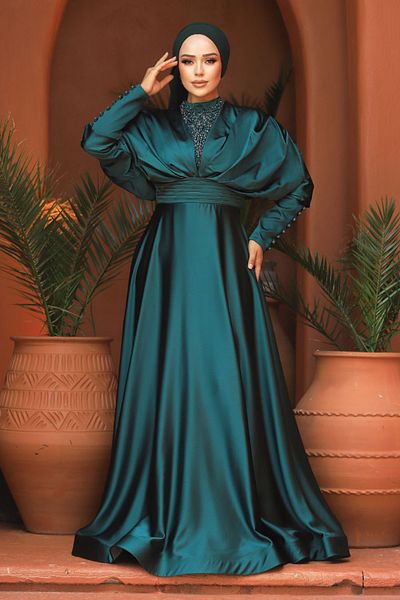 Neva Style Beaded Green Hijab Evening Dress 22451Y