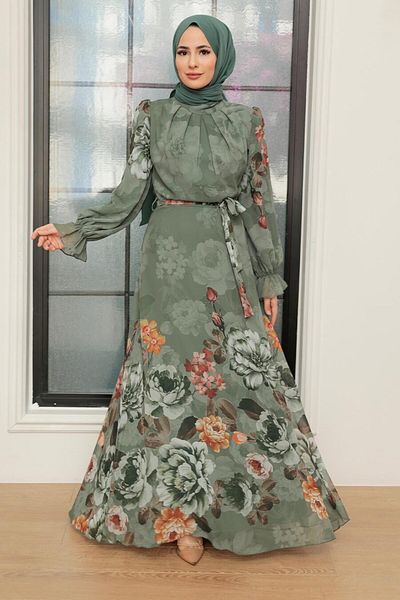 Neva Style Φόρεμα με λουλουδάτο μοτίβο Çağla Green Hijab 35461cy