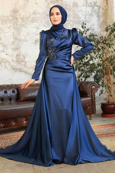 Neva Style Tailed Navy Blue Satin Hijab Evening Dress 22881L