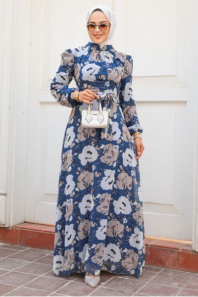 Neva Style Φόρεμα Hijab με μοτίβο λουλουδιών Indigo Blue 27939ım