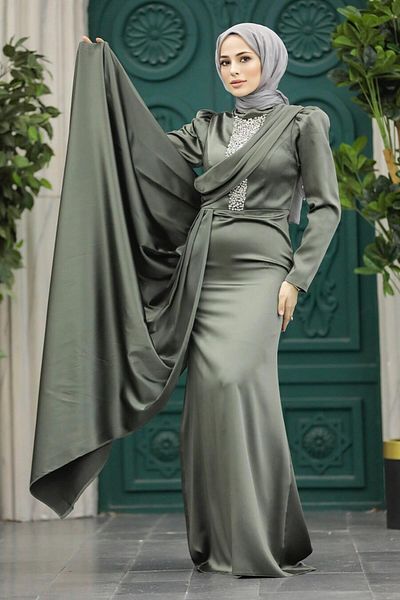 Neva Style فستان سهرة بذيل كاكي ساتان حجاب 22891hk