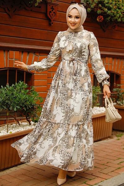 Neva Style - Rochie Hijab Bej cu Motive 33562bej