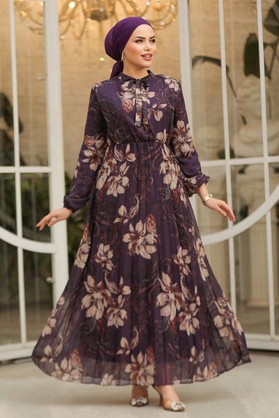Neva Style Floral Patterned Dark Purple Hijab Dress 50355KMOR