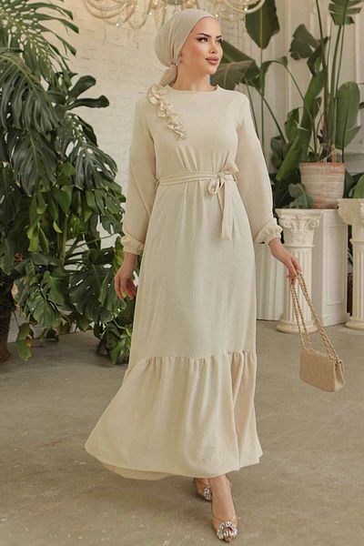 Neva Style Rochie Hijab Bej cu centură 659bej