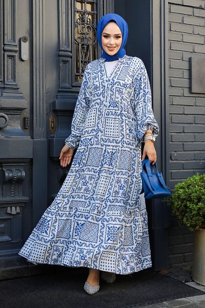 Neva Style Indigo Blue Patterned Hijab Dress - 23587im