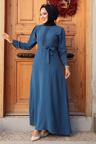 Neva Style Φόρεμα Hijab Indigo Blue Belted - 6621IM