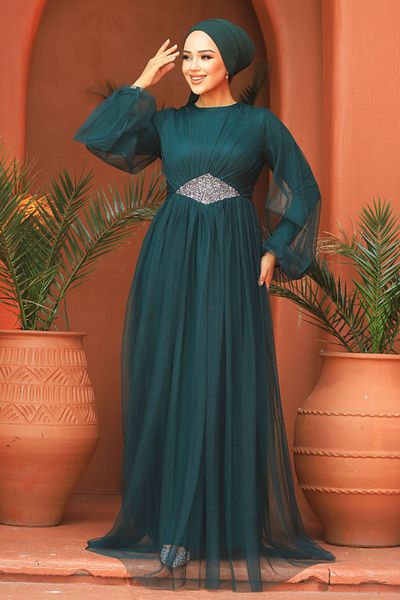 Neva Style Βραδινό φόρεμα Hijab Πράσινο Τούλι 54230y