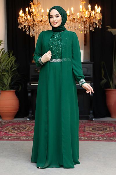 Neva Style Green Hijab Evening Dress with Cloak 25876Y