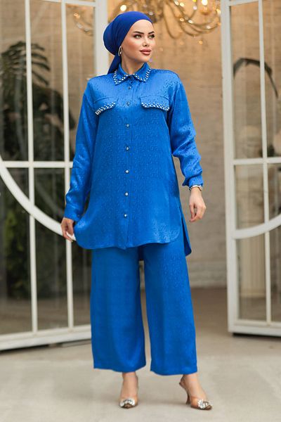 Neva Style بدلة حجاب مزدوجة مطرزة باللؤلؤ باللون الأزرق النيلي 10691IM