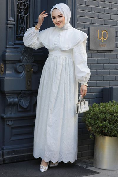 Neva Style Rochie albă Hijab cu dantelă - 14212B