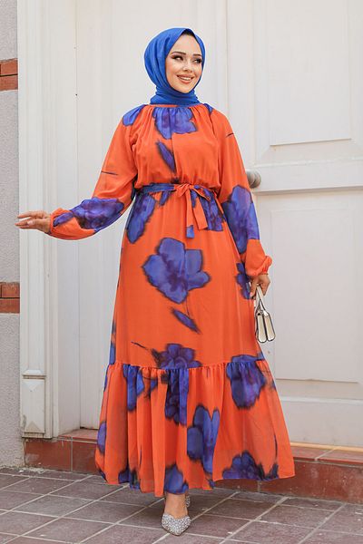 Neva Style Rochie Hijab cu Motiv Floral Portocaliu - 60942T
