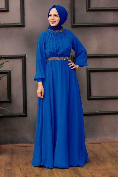Neva Style Rochie de seara Hijab albastru cu maneca balon 5339sx
