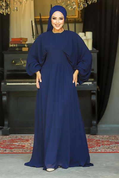 Neva Style Βραδινό φόρεμα με μπαλόνι μανίκι Navy Blue Hijab 60681l
