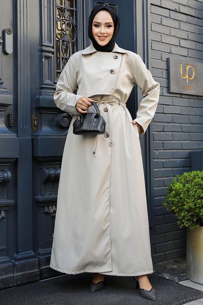 Neva Style Μπεζ κουμπιά Hijab Trench Coat - 684BEJ