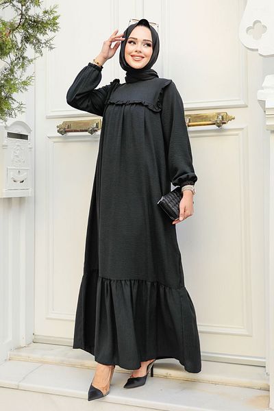 Neva Style - Rochie Hijab Neagră cu Volane 7681s