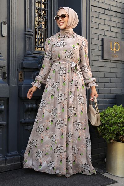 Neva Style - Rochie Hijab Bej cu Motiv Floral 29710bej