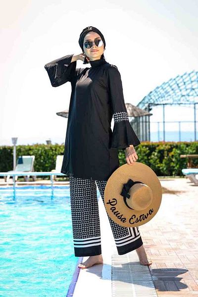 Neva Style 1960S Dot Detailed Black Hijab Swimsuit - Full Covered