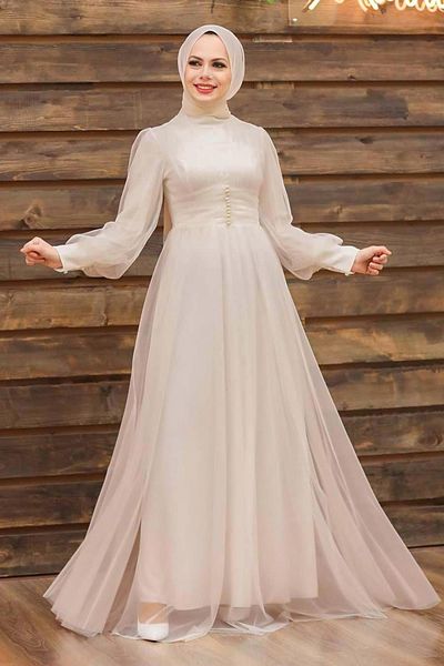 Neva Style Rochie de seara Hijab - Rochie de seara Hijab de piatra cu detaliu nasturi 5478tas