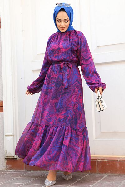 Neva Style Fuchsia Patterned Hijab Dress - 60941F