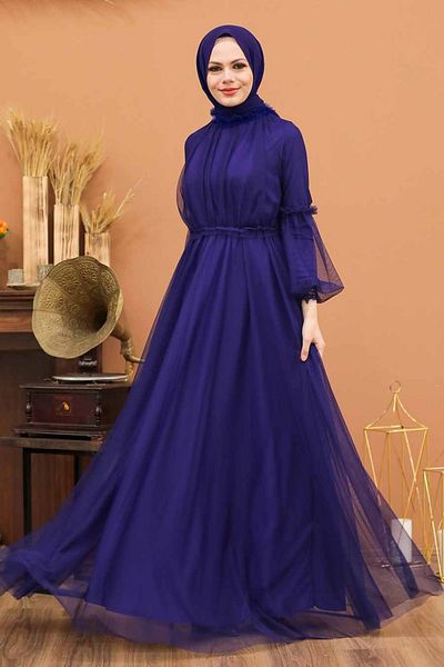 Neva Style Rochie de seara Hijab - Maneca cu balon Rochie de seara Hijab Mov 5474violet