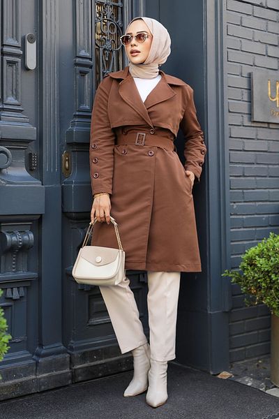 Neva Style Καφέ Hijab Trench Coat - Με Ζώνη, Μοντέλο 61171KH