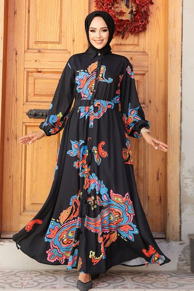 Neva Style Rochie neagră cu model hijab 23441s