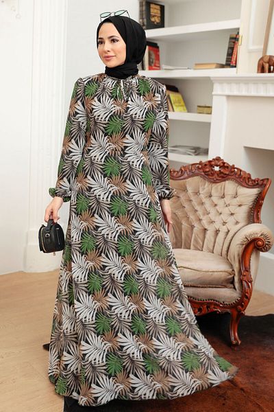 Neva Style Floral Patterned Green Hijab Dress 279076 Y