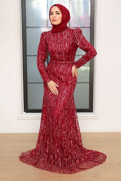 Neva Style Beaded Burgundy Hijab Evening Dress 22633Br