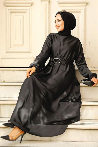 Neva Style - Rochie Hijab din Satin Negru 5727s