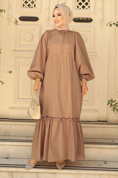Neva Style Φόρεμα με μπαλόνι μανίκι Dark Mink Hijab Poplin 57341kv