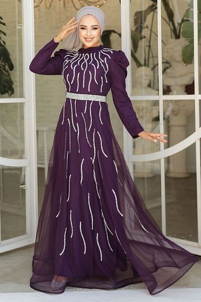 Neva Style Rochie de seara cu hijab - rochie de seara hijab prune brodata cu margele 51912mu