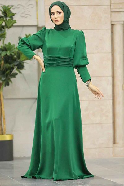 Neva Style Satin Green Hijab Evening Dress 4171Y