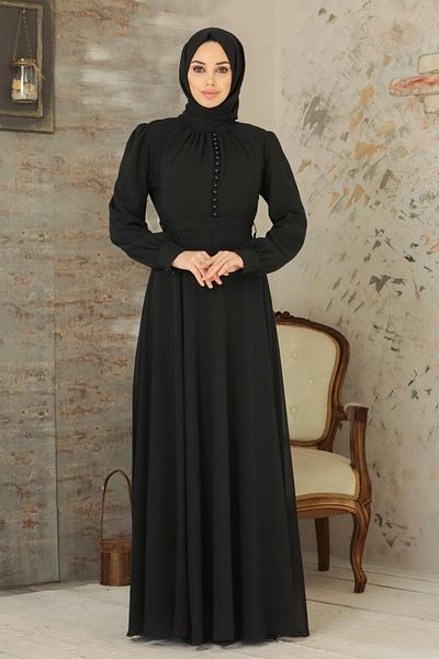 Neva Style Rochie neagră hijab cu detaliu de nasturi 2703s